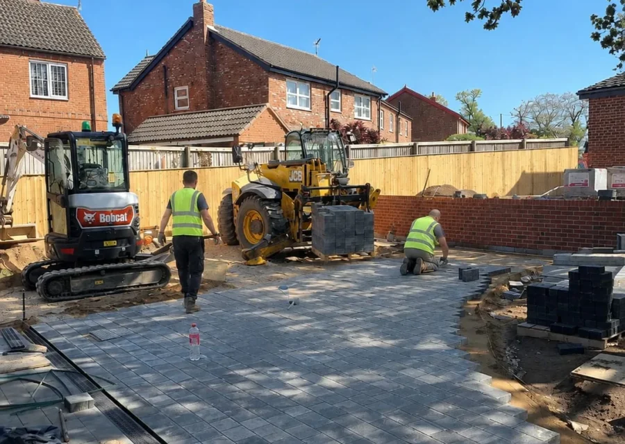 Block paving being laid across a prepared driveway base, with a tracked excavator and two operatives working behind a new timber fence